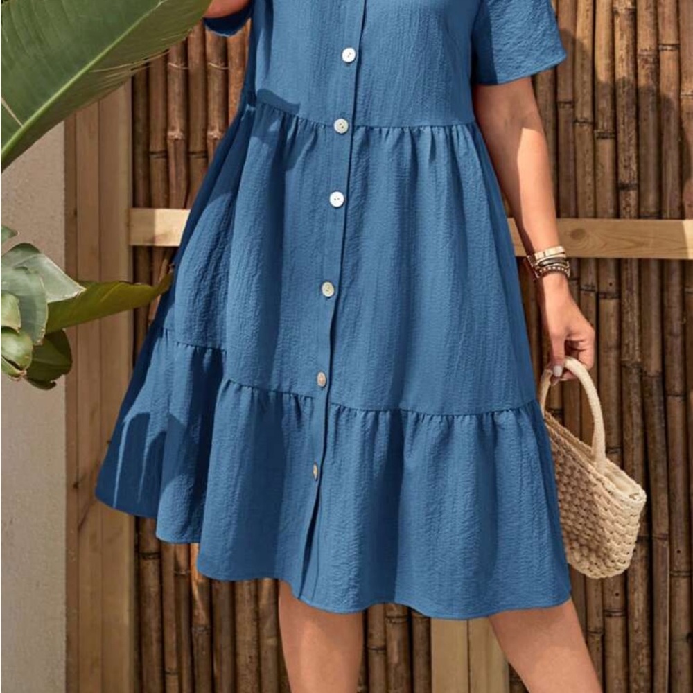 Blue Ruffle Button Dress